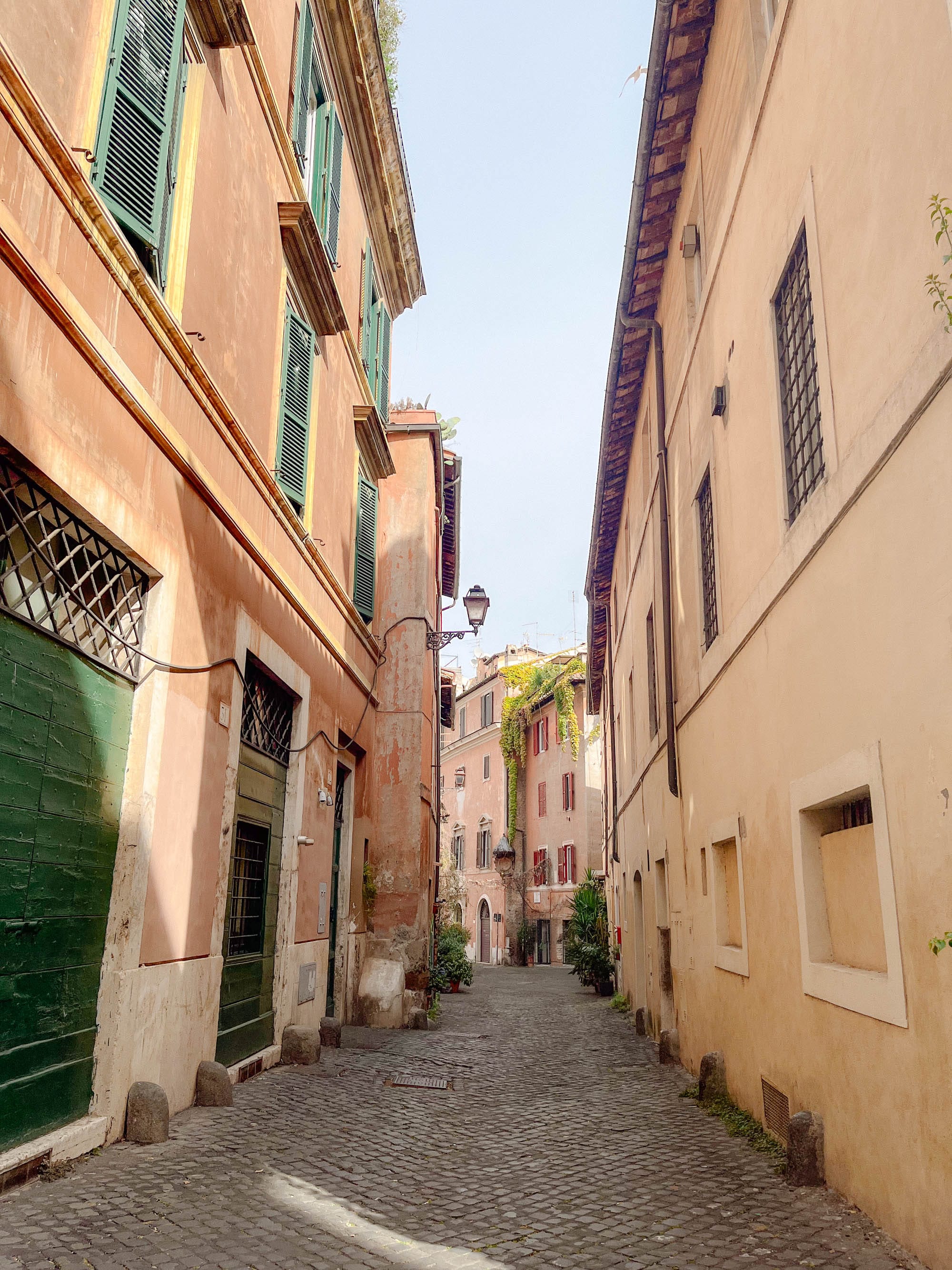 A winding, cobblestone street and ivy-covered buildings in Trastevere Rome