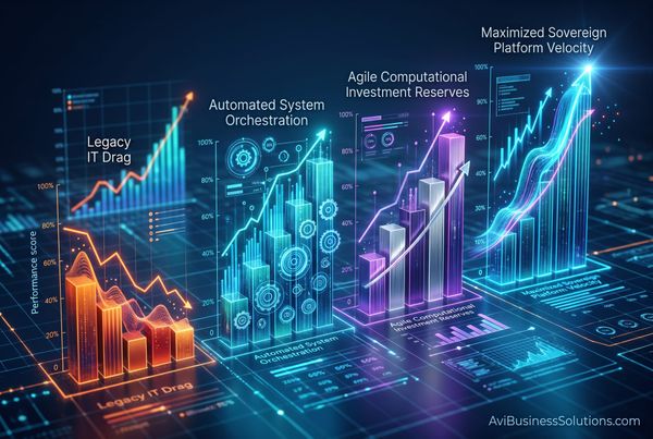 performance scores comparing legacy IT drag against automated system orchestration, agile computational capital reserves, and maximized sovereign platform velocity.