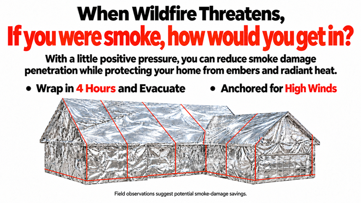 Graphic headed When Wildfire Threatens, If you were smoke, how would you get in, showing a single-story house covered in structure wrap