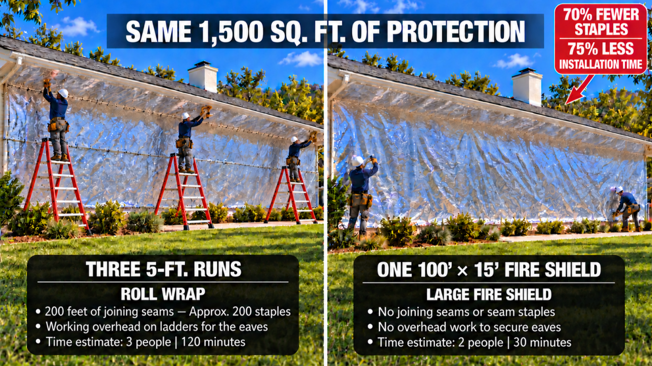 Side-by-side illustration comparing three 5-foot roll-wrap runs installed from ladders with one 100-by-15-foot Fire Shield covering the same 1,500 square feet of wall