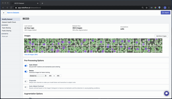 Roboflow Screenshot: Selecting pre-processing steps and generating images.
