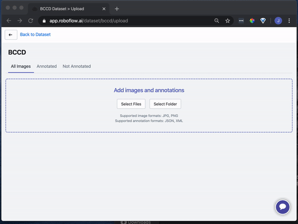 Roboflow Screenshot: dragging and dropping images to upload from the Finder.