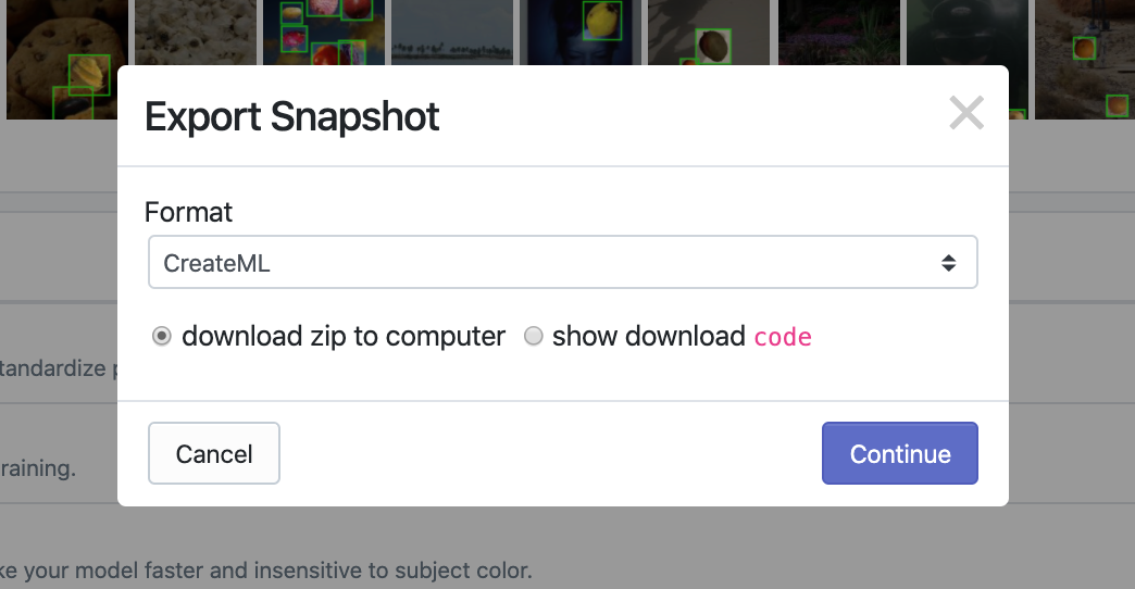 Roboflow Screenshot: Export Snapshot (Format: CreateML, Download zip to computer)