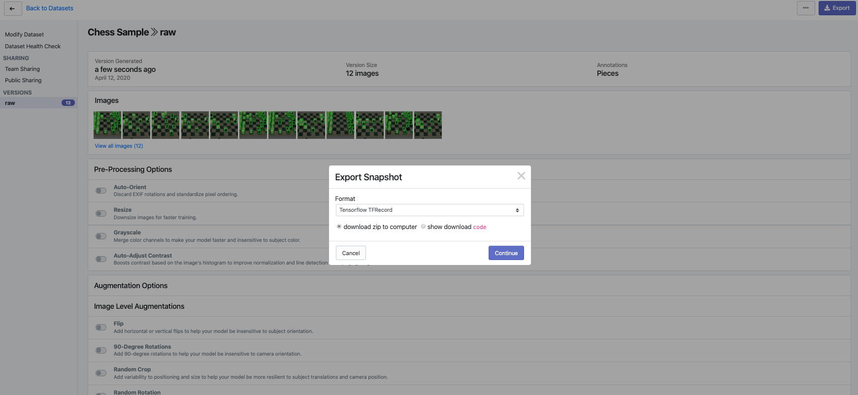 Roboflow Screenshot: Export Snapshot (Tensorflow TFRecord)