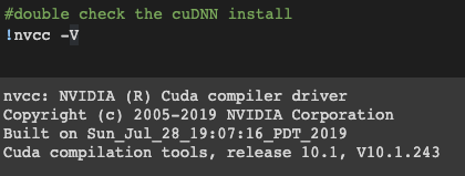 Terminal screenshot showing the results of nvcc -V