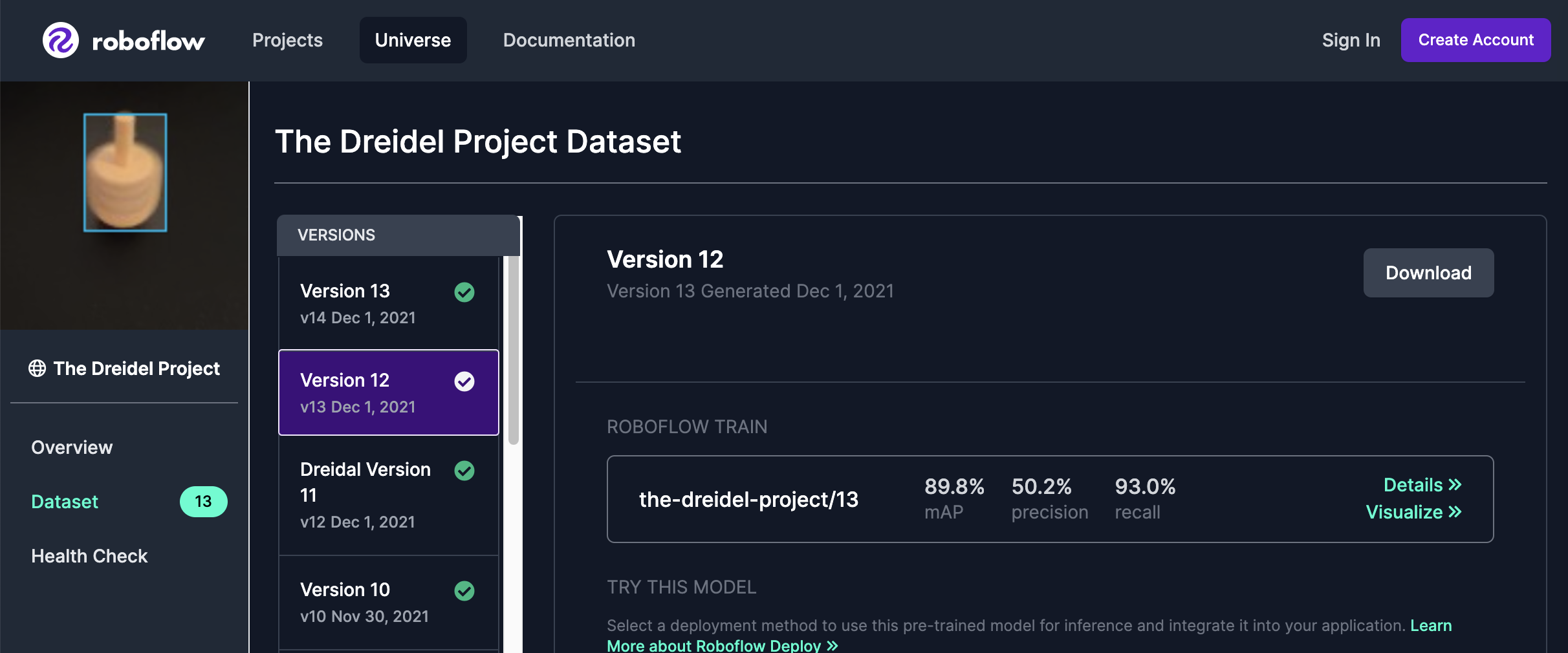 A screen capture of roboflow universe and training performance. The left hand side has the amoutn of versions that were trained. In the center of the image three key metrics are shown to show the results of the training.