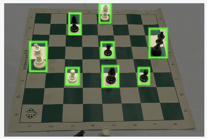 Image of a chess board annotated for object detection.