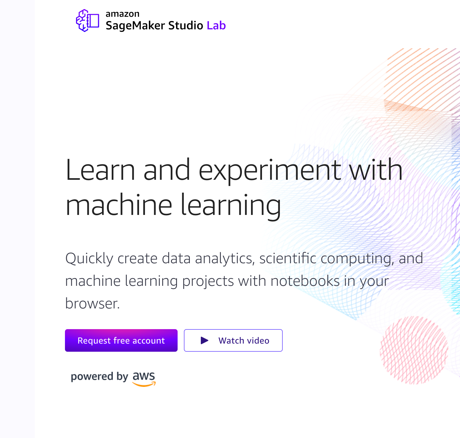 The landing page for SageMaker Studio Lab
