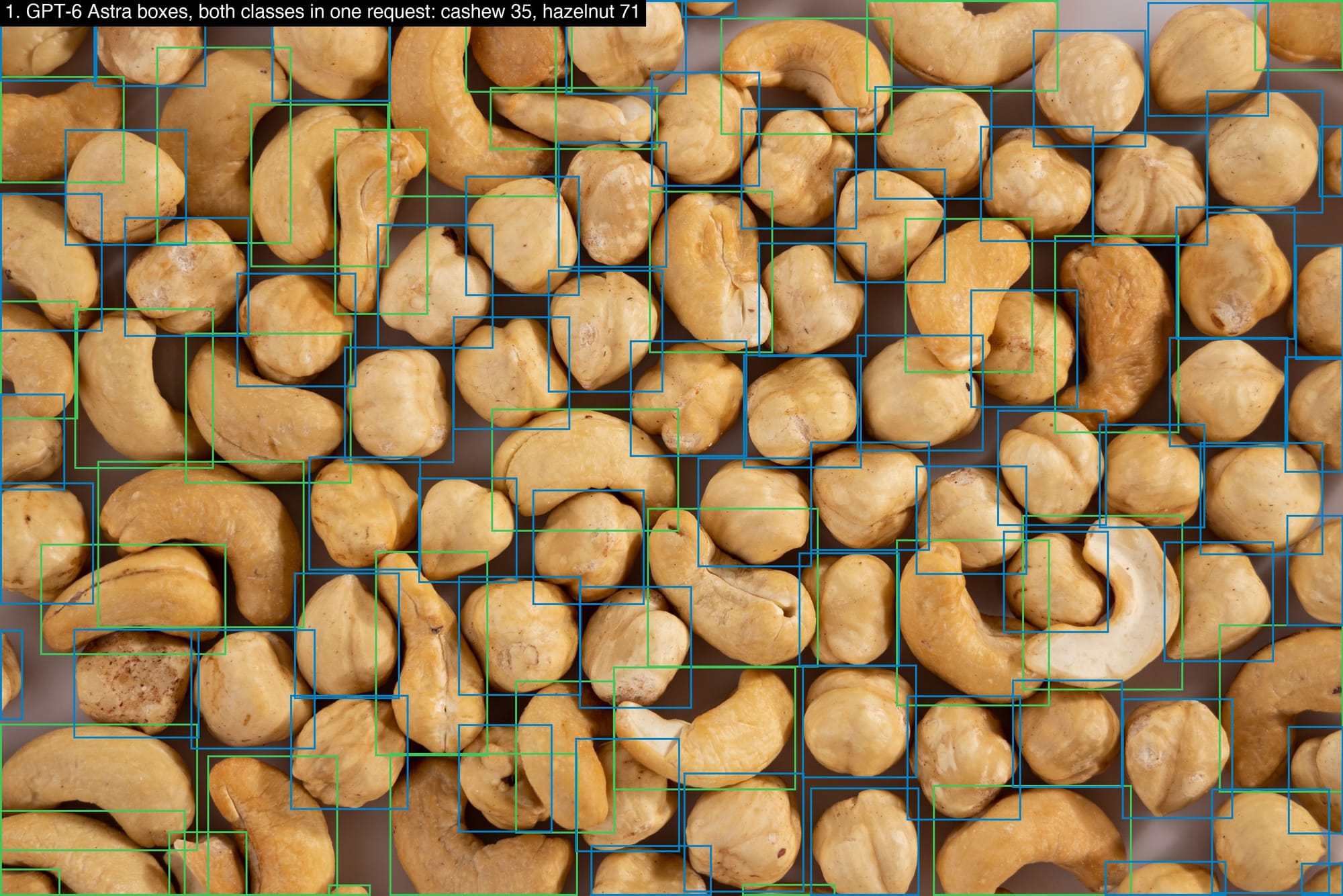 GPT-6 Astra bounding boxes for cashews and hazelnuts, both classes in one request.