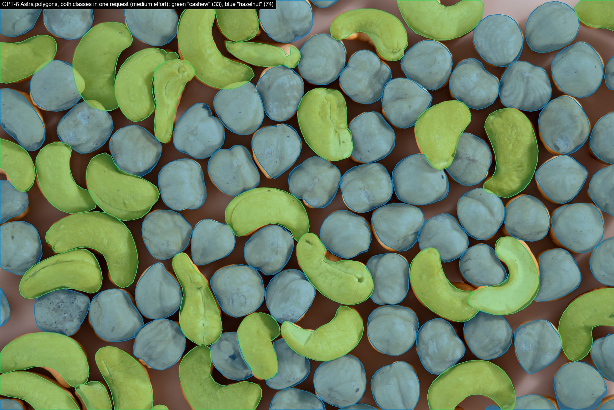 GPT-6 Astra polygons for cashews and hazelnuts from one request, green cashew and blue hazelnut.