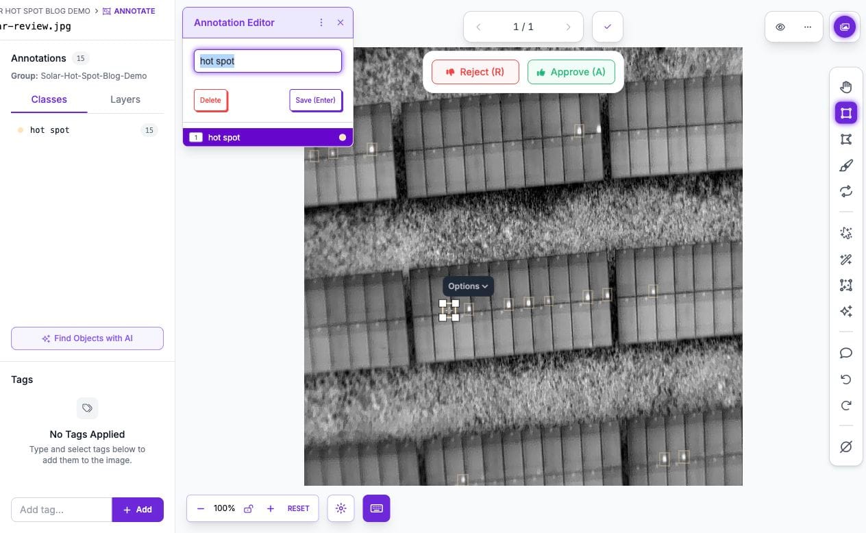 Roboflow annotation editor with a new box selected around a hot spot missed by Astra, alongside controls to save the label and approve or reject the image.