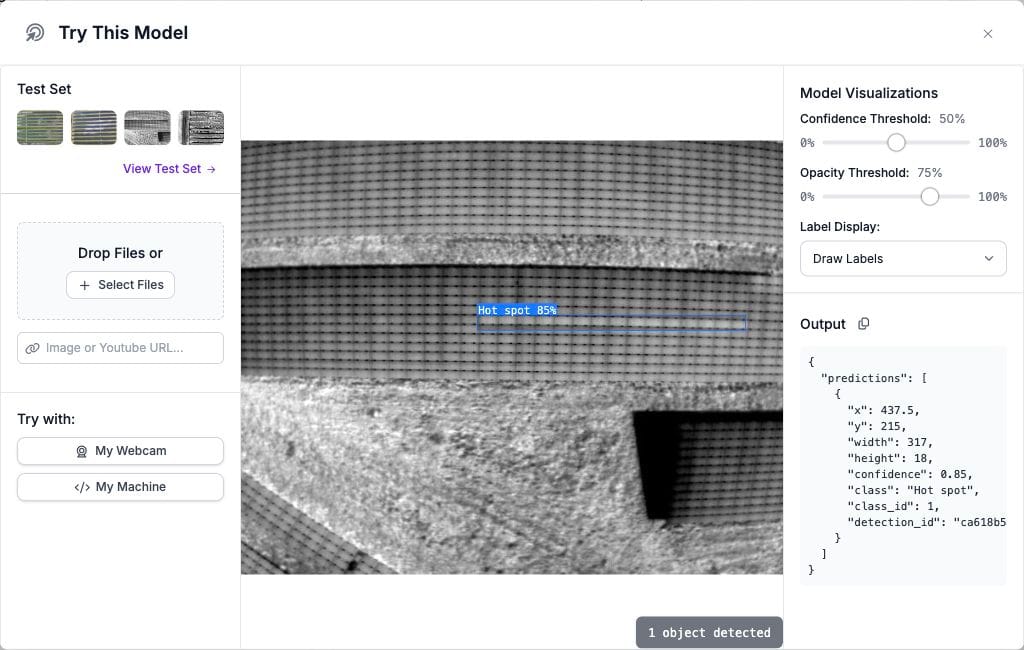 Roboflow inference preview showing an RF-DETR hot-spot detection on another thermal solar image, with confidence controls and prediction output.