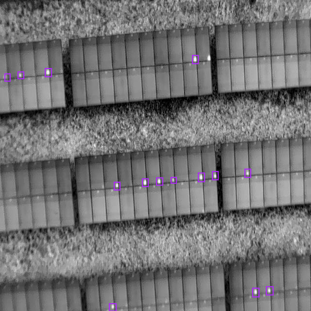 Astra predicted bounding boxes around solar-panel hot spots in a thermal aerial image.
