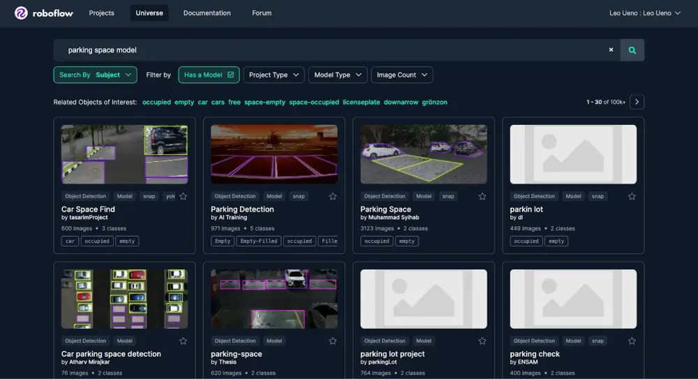 A screenshot of a search for a parking space detection model on Roboflow Universe