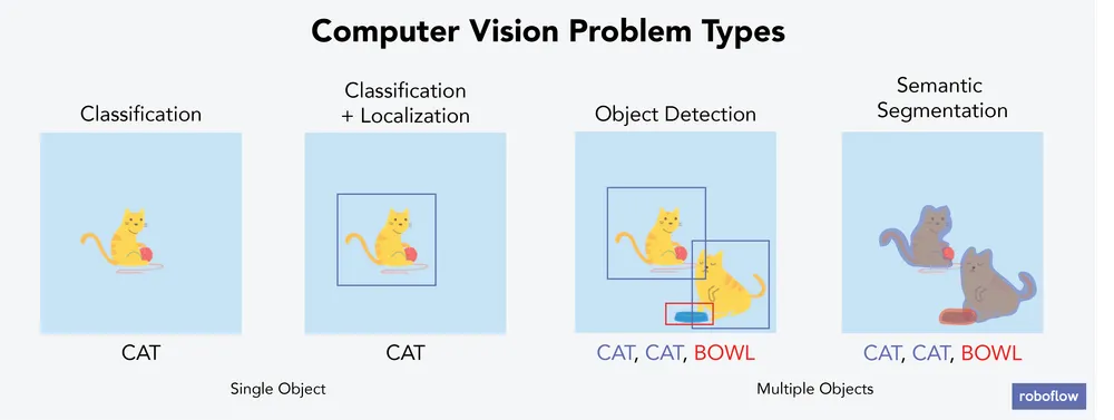Computer Vision Problem Types (Classification, Classification + Localization, Object Detection, Semantic Segmentation)
