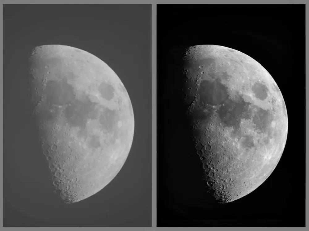Image of the moon with low contrast and high contrast.