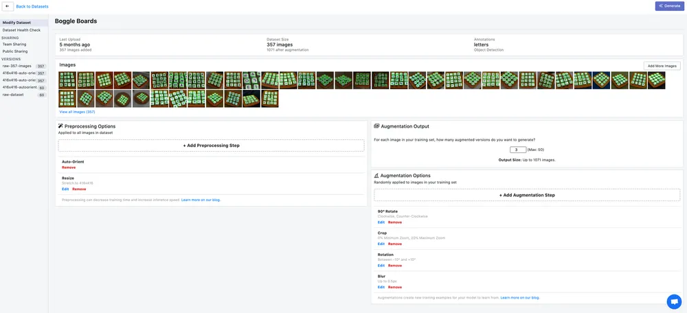 Preprocessing and augmentation in Roboflow.
