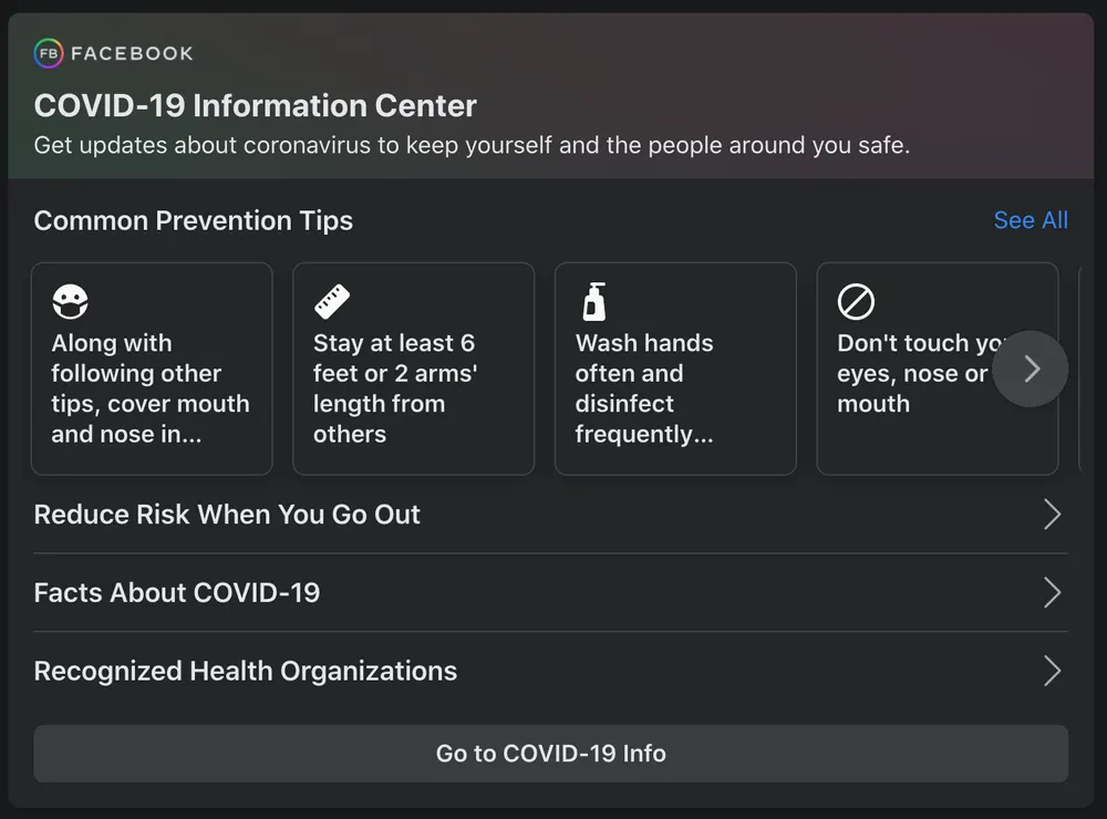 Facebook COVID-19 vaccine information center.