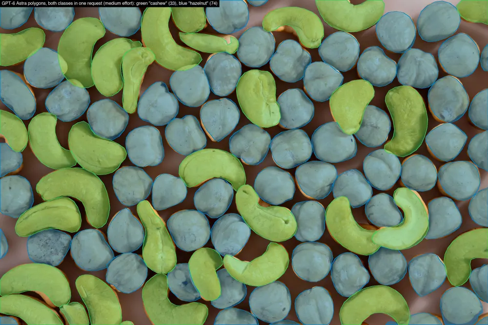 GPT-6 Astra polygons for cashews and hazelnuts from one request, green cashew and blue hazelnut.