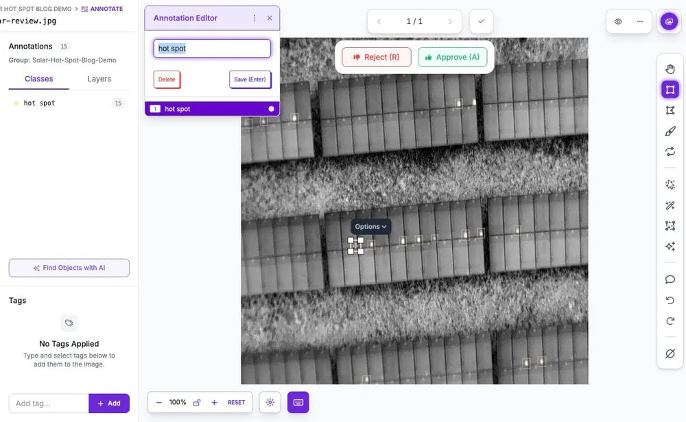Roboflow annotation editor with a new box selected around a hot spot missed by Astra, alongside controls to save the label and approve or reject the image.
