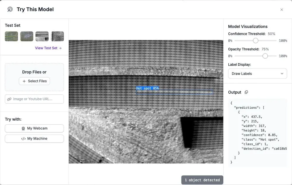 Roboflow inference preview showing an RF-DETR hot-spot detection on another thermal solar image, with confidence controls and prediction output.