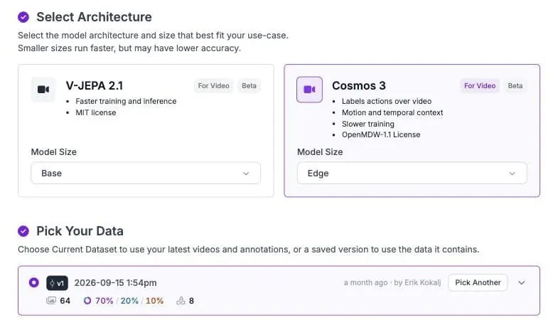 Picking Cosmos 3 Edge and a dataset version
