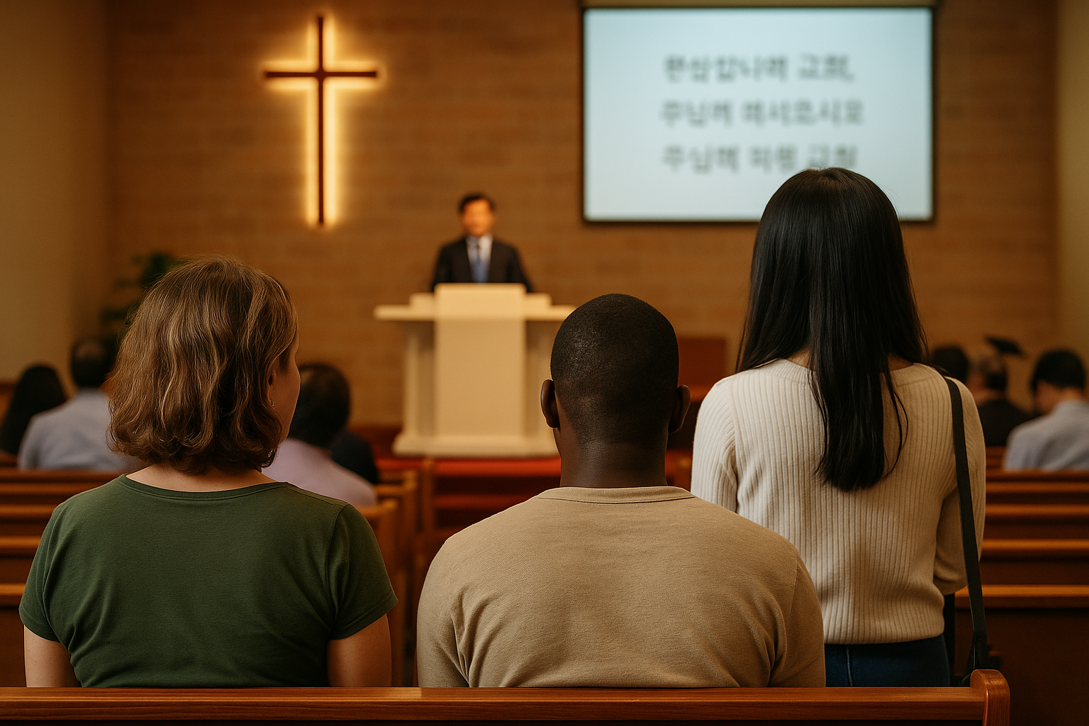 A diverse group of expats and Koreans worshiping together inside a contemporary church in Korea, highlighting multicultural inclusion in Christian spaces
