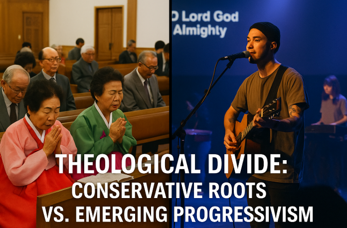 Composite image showing traditional Korean church worship on one side and a modern, progressive worship service on the other—illustrating Korea’s theological divide