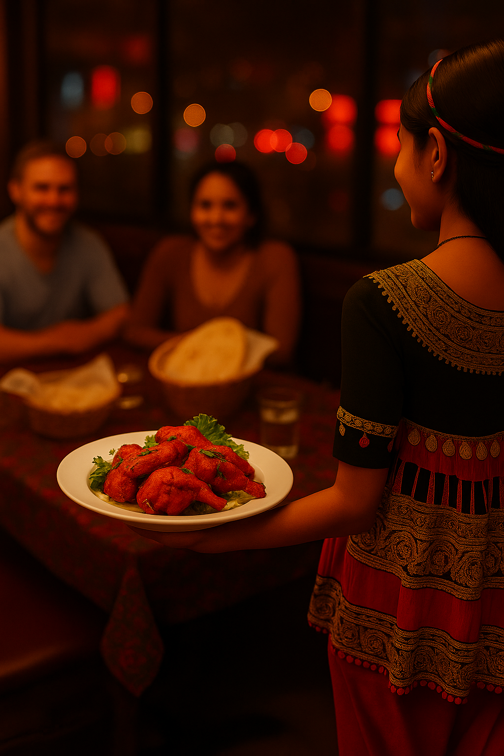 Photorealistic image of a South Asian server in traditional Gujarati attire presenting a plate of tandoori chicken to a seated couple at a table with naan, water glasses, and dining setup, with a blurred window view of neon-lit downtown Daegu in the background.