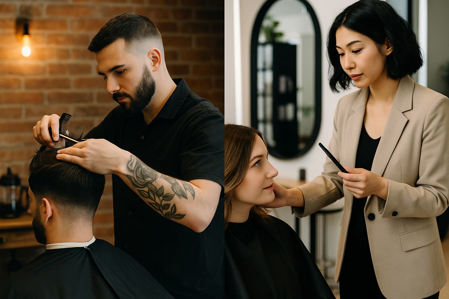 Side-by-side images of a Korean barber styling a fade and a salon stylist consulting with a female client — visual comparison of haircut experiences for expats in Korea.