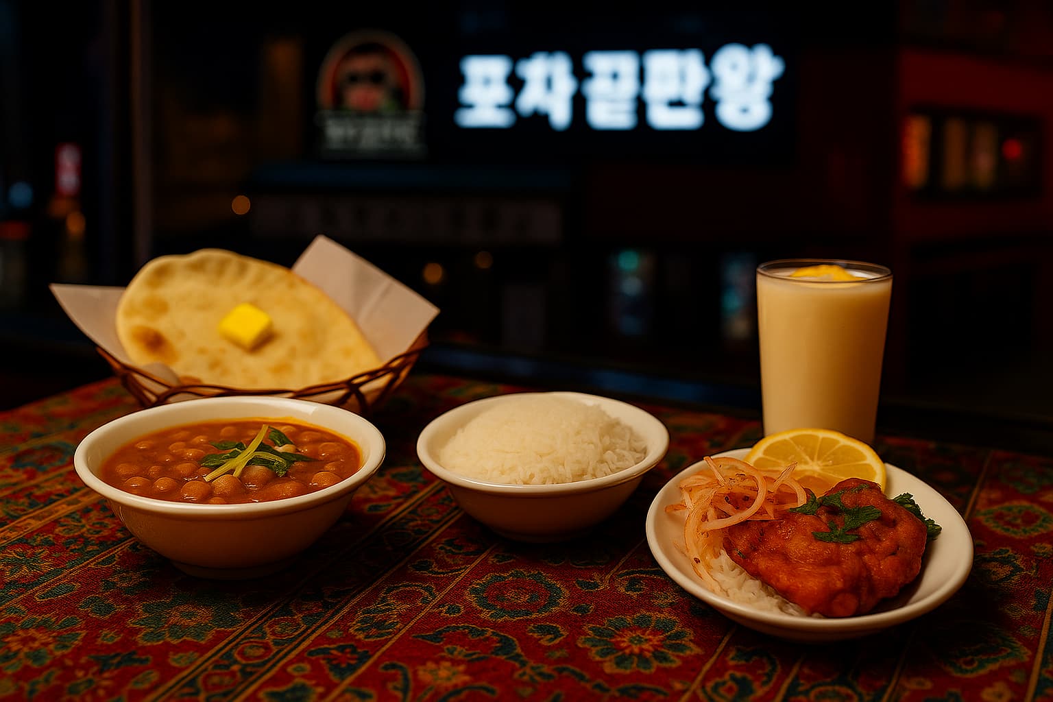 Indian dinner set with chana masala, basmati rice, garlic naan, fried paneer, and mango lassi at Varanasi Indian Restaurant in Daegu, Korea — served on a traditional tablecloth with neon signs visible through the window.