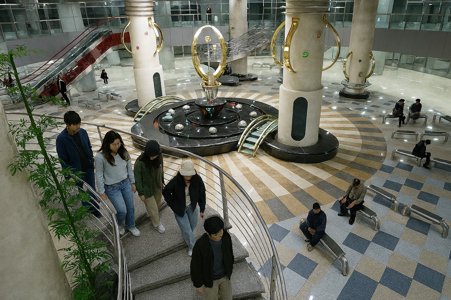 Banwoldang Station's central atrium with circular fountain, modern columns, and commuters on spiral stairs in Daegu, South Korea