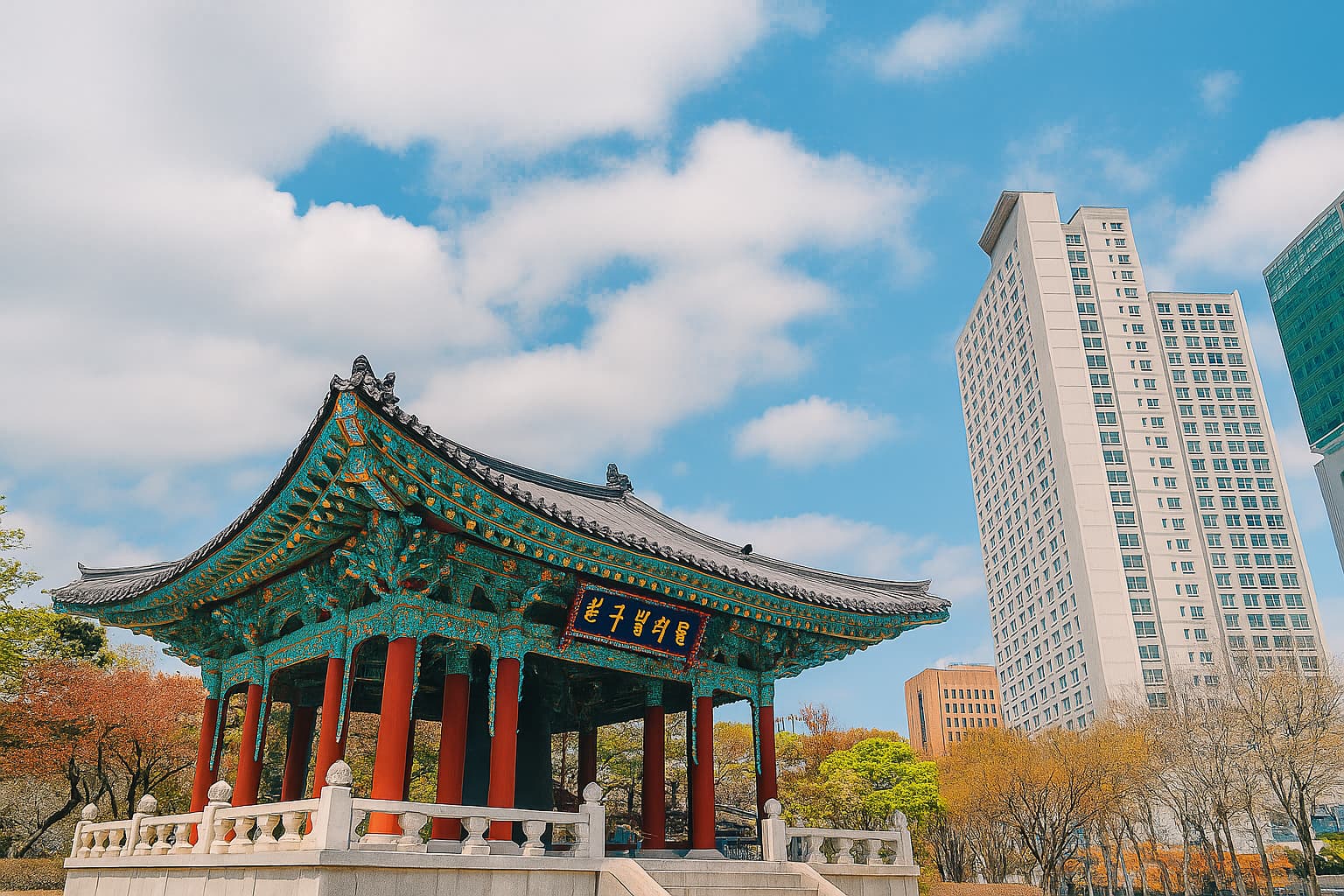 Traditional Korean bell pavilion at Gukchae-bosang Park in Daegu near Dongseongno, with overcast sky and modern buildings in the background.
