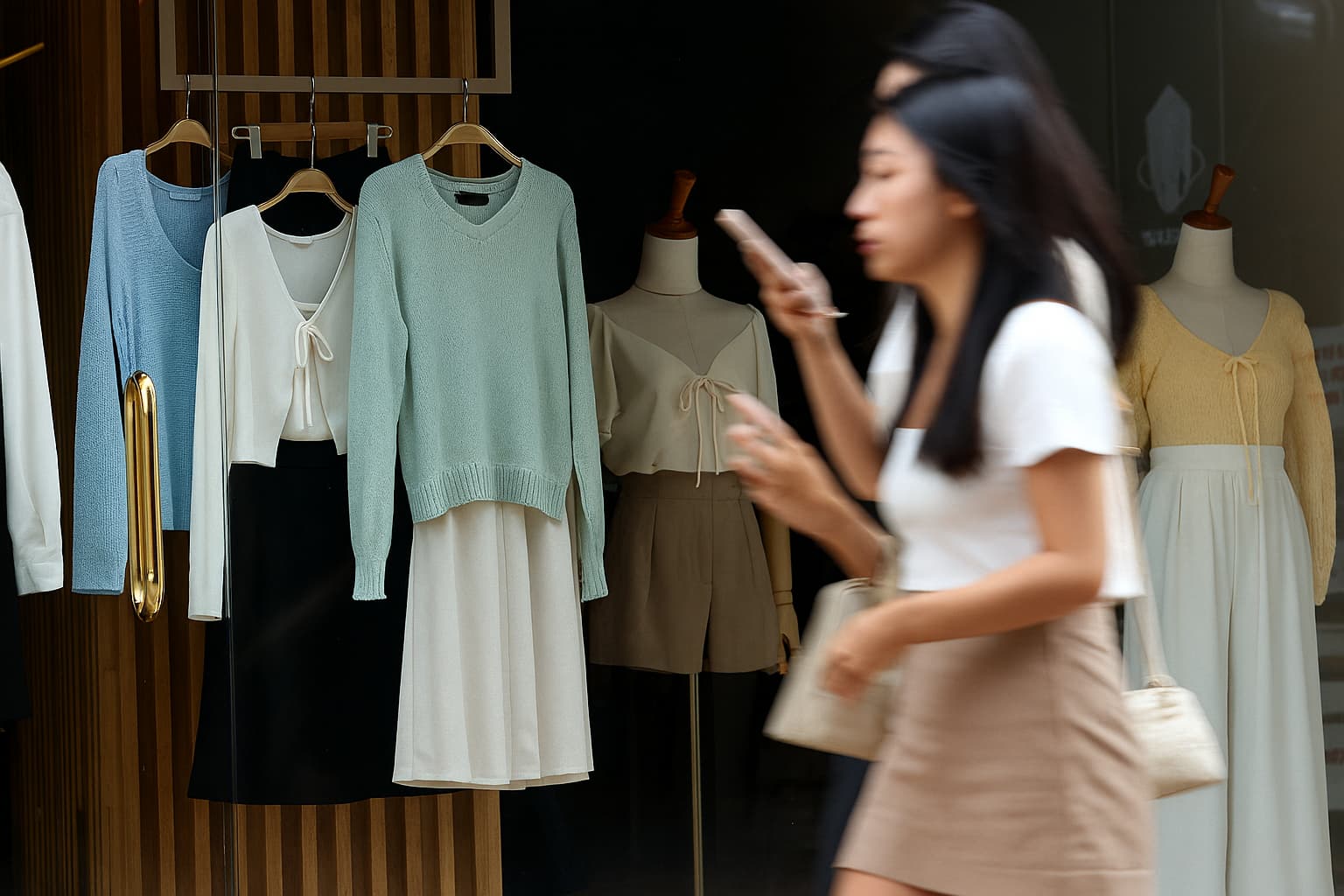 Fashion storefront in Dongseongno with updated outfits and blurred shoppers walking past