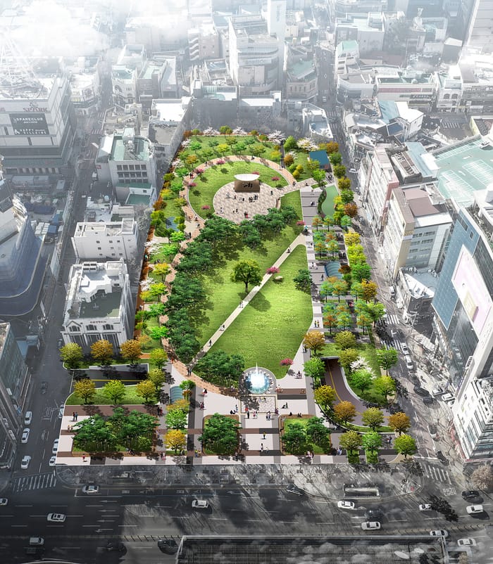 Updated Dongseongno clothing display with passing pedestrians in trendy summer outfits