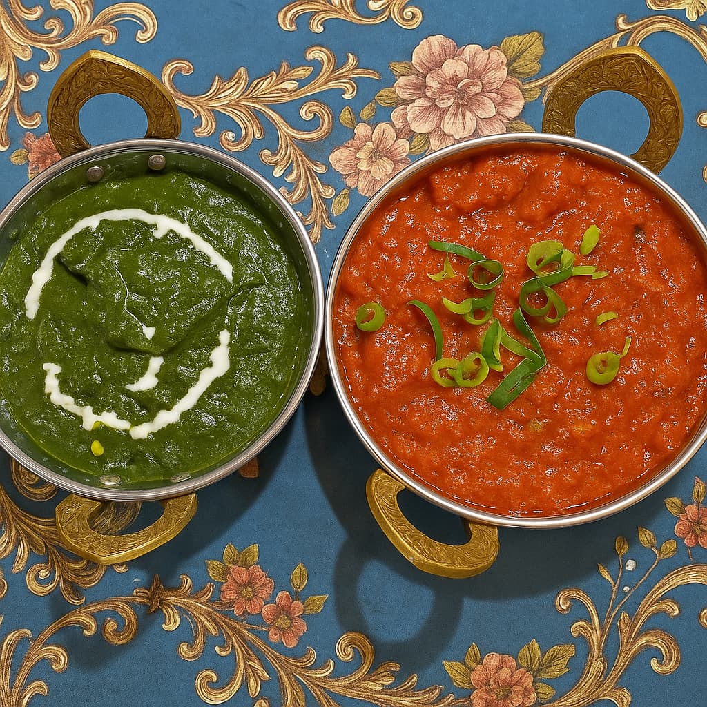 Two Indian curry dishes, palak paneer and chicken tikka masala, served at Himalayan Restaurant Waegwan on a floral-patterned table