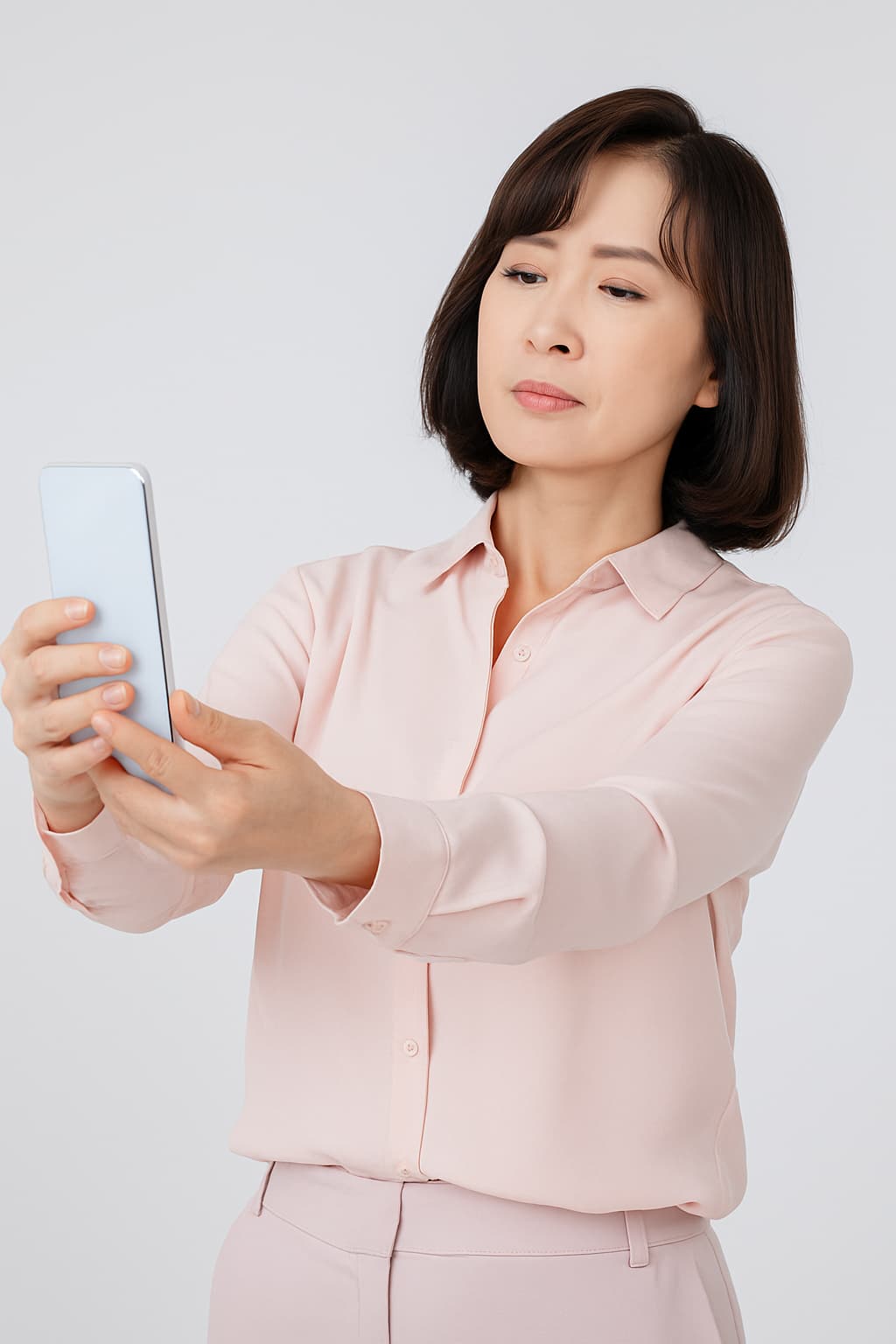 Middle-aged Korean woman holding a smartphone at arm’s length, demonstrating a common symptom of presbyopia with difficulty focusing on close objects.