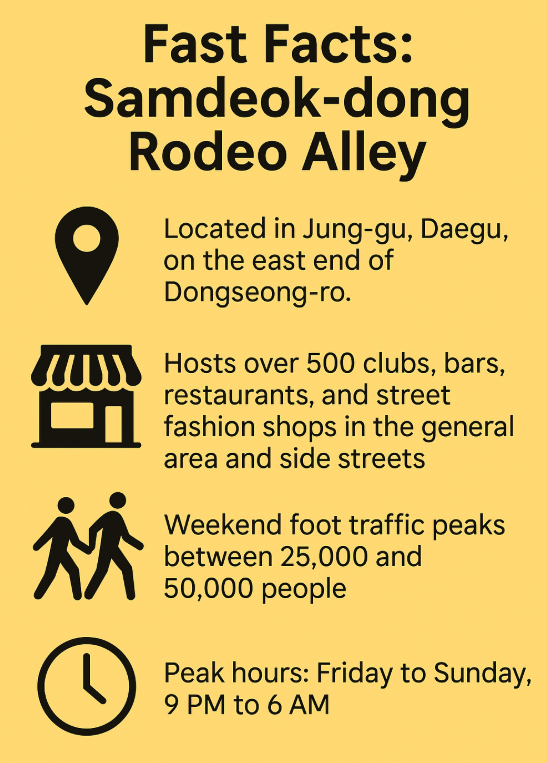 Infographic showing key facts about Samdeokdong Rodeo Alley in Daegu, including location, venue count, peak foot traffic, and weekend hours.