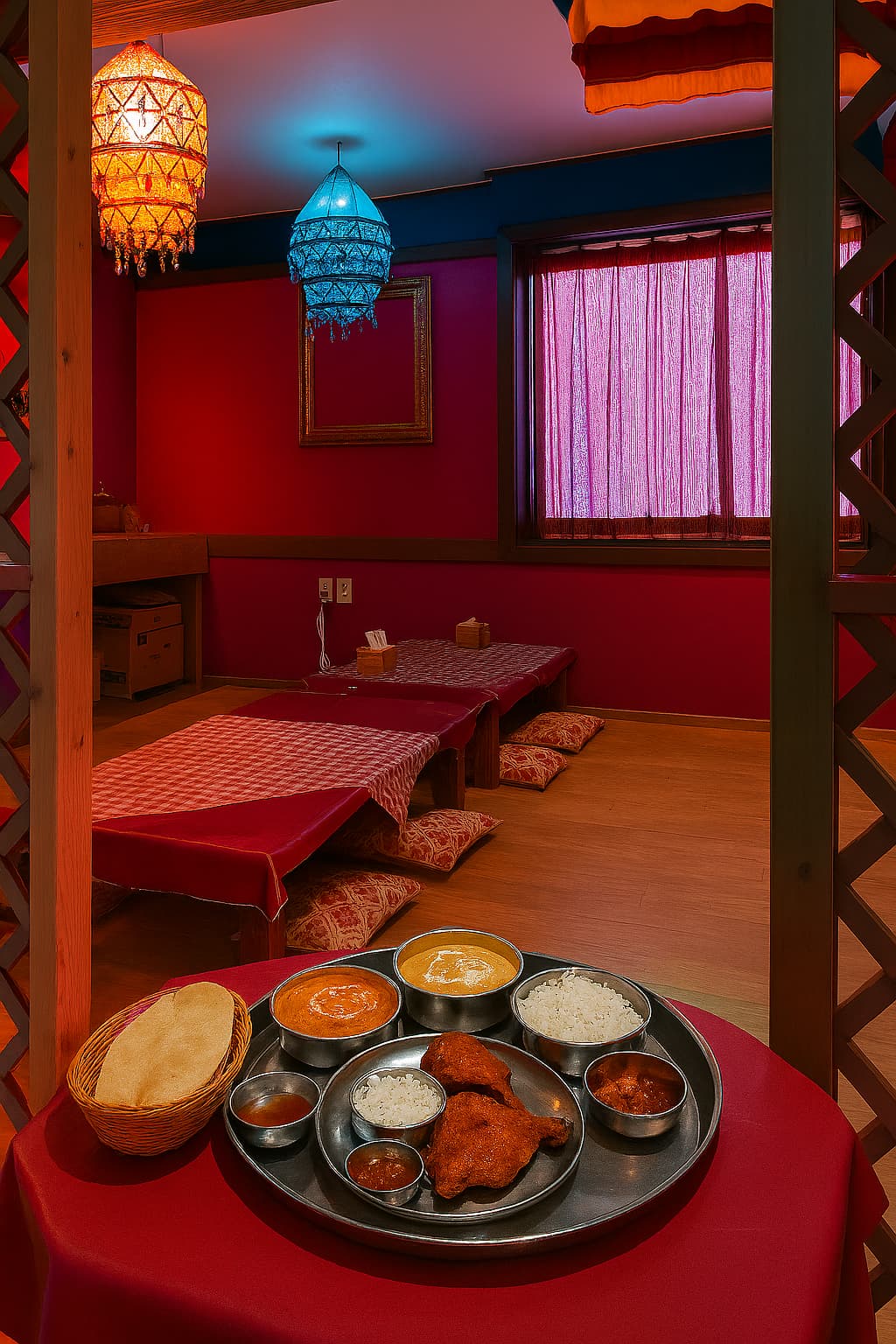 Interior of TARA Indian Restaurant in downtown Daegu with floor seating and traditional Indian thali meal