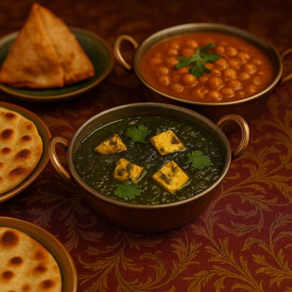 A traditional Indian vegetarian meal with rice, curry, and naan served on a patterned tablecloth in Korea
