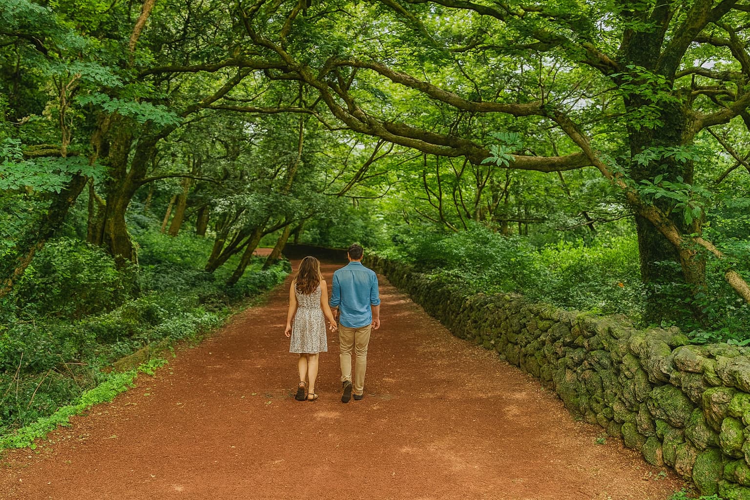 Foreign couple walking hand in hand along a scenic forest trail in Bijarim, Jeju Island, surrounded by lush green trees and volcanic stone walls.