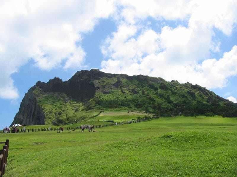 Scenic view of Seongsan Ilchulbong sunrise peak with green fields, a must-visit destination for Jeju car rental travelers