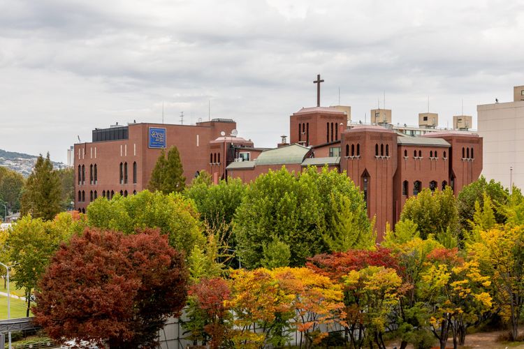 Seoul Providence School and Onnuri Church buildings in Seoul surrounded by autumn trees, showcasing its red-brick architecture and large rooftop cross
