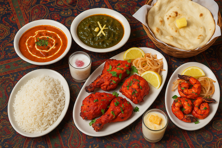 Photorealistic image of a 4-person Indian feast including butter chicken, palak paneer, grilled prawns, tandoori chicken, basmati rice, naan bread, gulab jamun, and mango shrikhand.