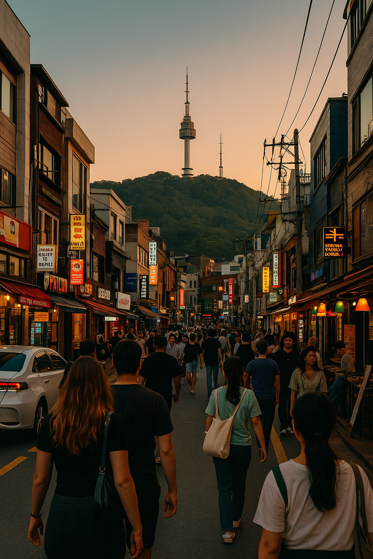 Nighttime view of a vibrant Itaewon street in Yongsan, with pedestrians, neon signs, and a mix of local and international storefronts reflecting expat and tourist energy.