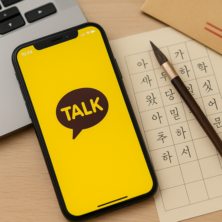 Smartphone showing the KakaoTalk app next to Korean calligraphy paper and a brush, symbolizing Korea’s digital and traditional communication blend.