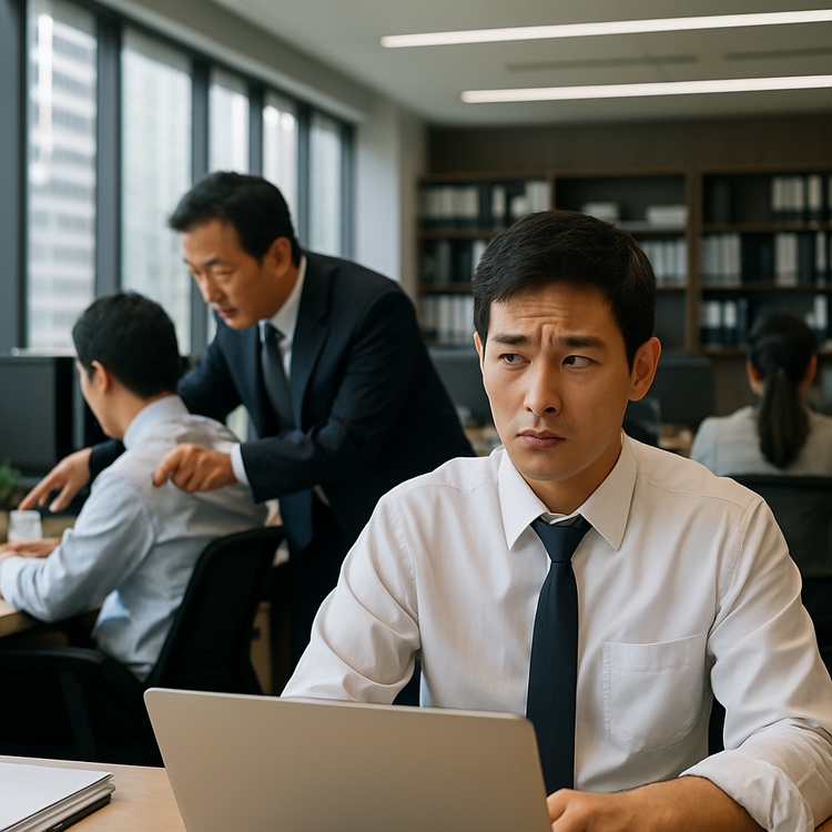 Korean office scene showing a concerned employee and hierarchical workplace dynamics, representing cultural challenges for expats.