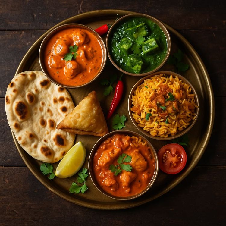 A vibrant Indian cuisine platter featuring naan, curry, and side dishes, served at a restaurant in Daegu.