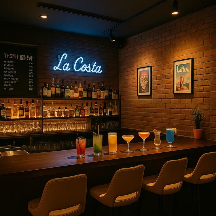 Interior of La Costa cocktail bar in Daegu with colorful drinks, brick walls, neon sign, and organized liquor shelves