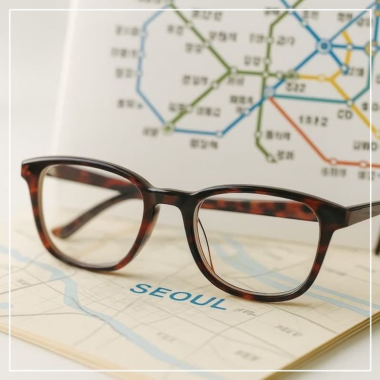 Reading glasses resting on a folded map of Seoul with a blurred Korean subway map in the background, symbolizing vision clarity and eye surgery travel in Korea.